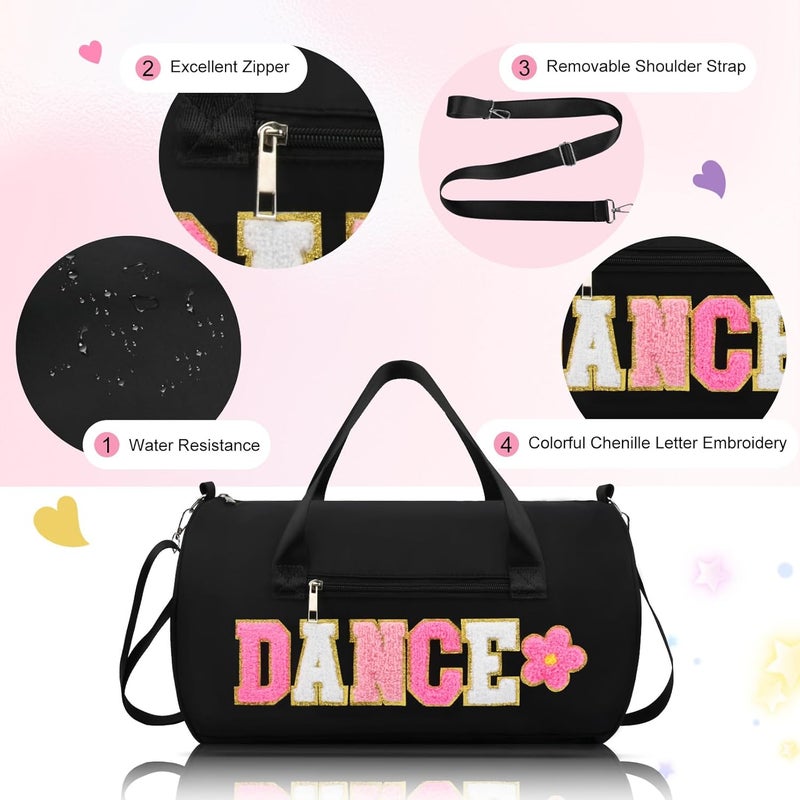 KUIRAN Store Dance Bag for Girls, 23L Waterproof Travel Duffel Bag with Colorful Chenille Letter, Lightweight Small Gym Sport Ballet Weekender Bag with Large Main Compartment - Black/White/Pink - Image 4